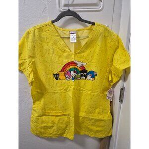 NWT Hello Kitty & Friends Tooniforms Scrub Top XL Yellow Rainbow Design
